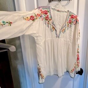 Embroidered Johnny Was Floral White Tunic